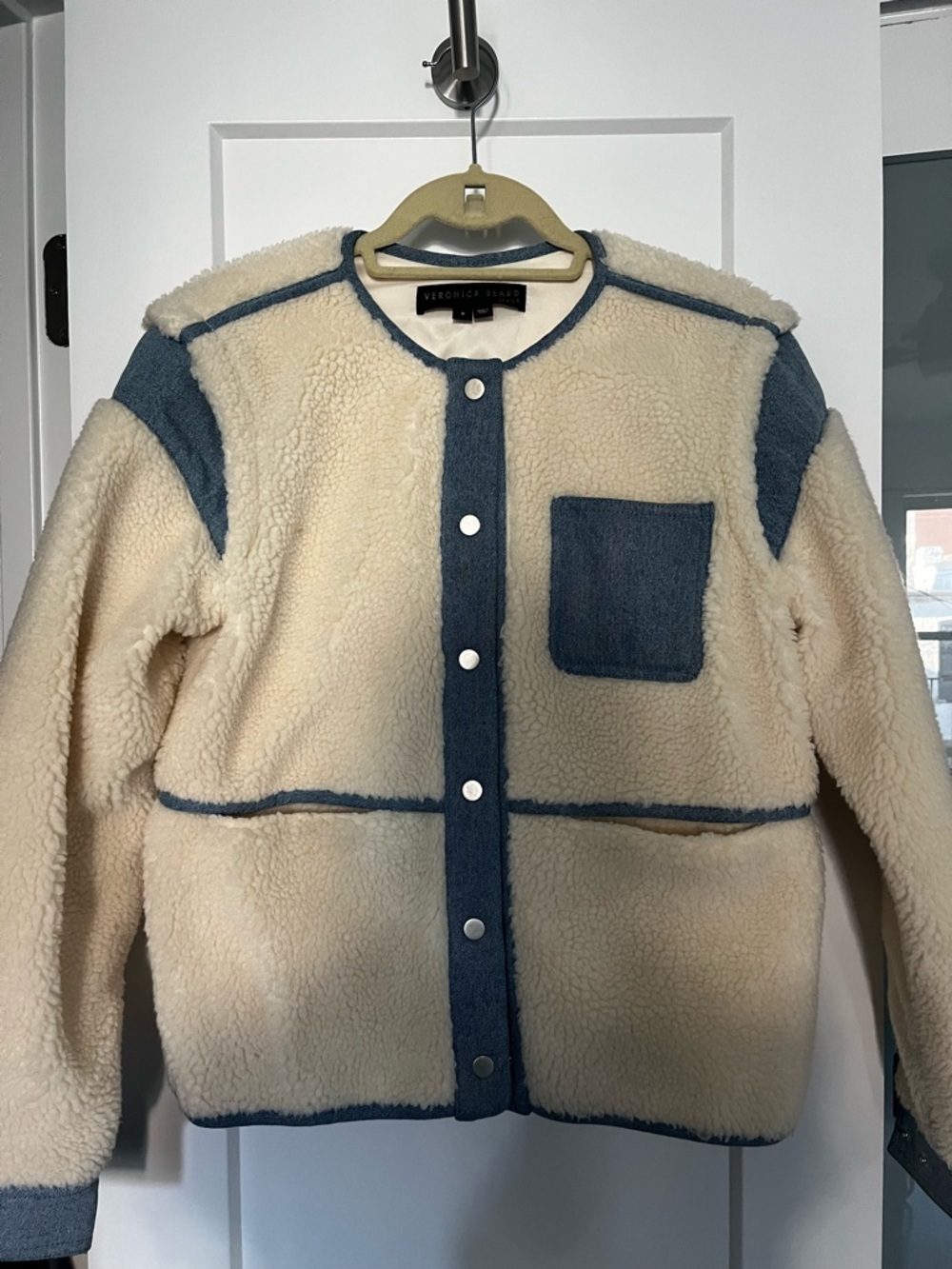 Veronica Beard Surrey Sherpa Jacket in Cream with Blue Trim Accents